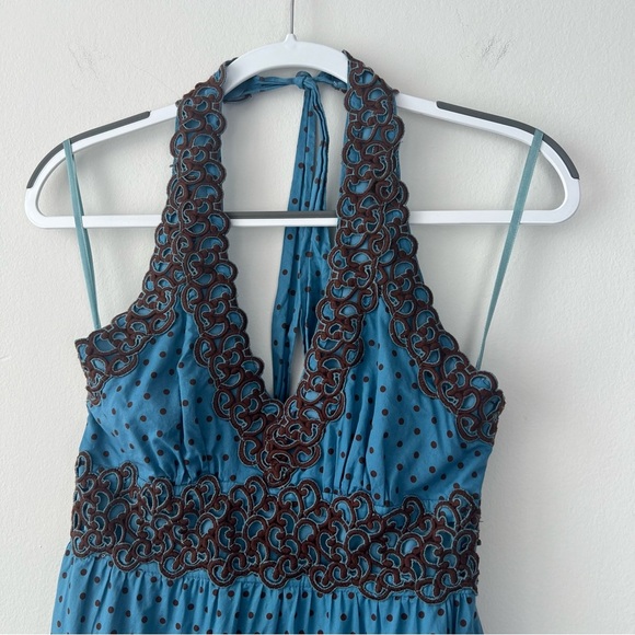 BCBGMaxazria Y2k Polka Dot Lace Tiered Halter Midi Dress - Picture 4 of 7